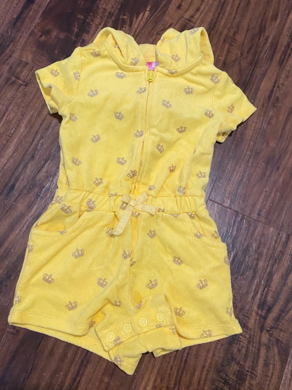 Juicy Couture Yellow Romper with Bow and Crown Print